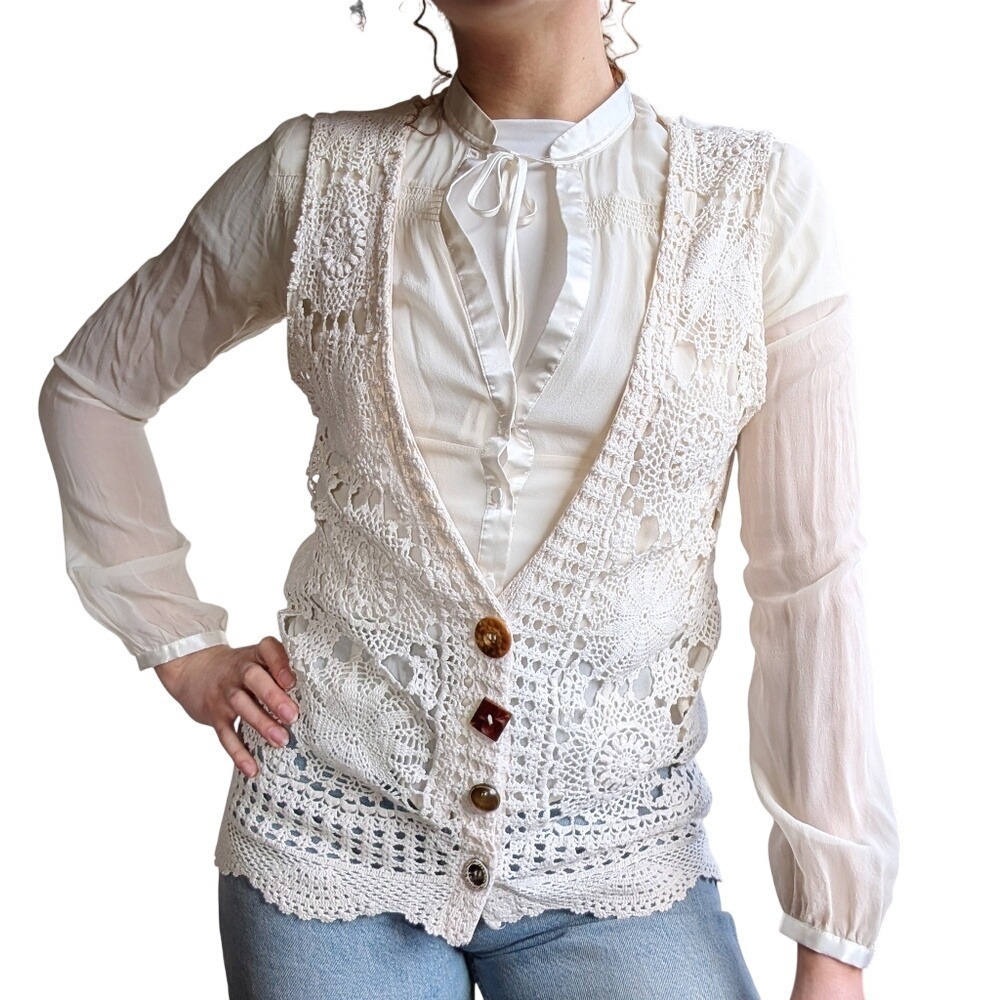 Vintage 80s Cottagecore White Handmade Lace Crochet Assorted Button Up Vest